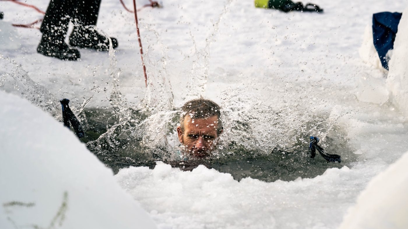 Martin Hall emerging from an ice-water plunge during Expedition Limitless